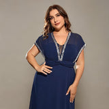 Curveins Plus Size Waist-Defining Deep V Lace Maxi Dress