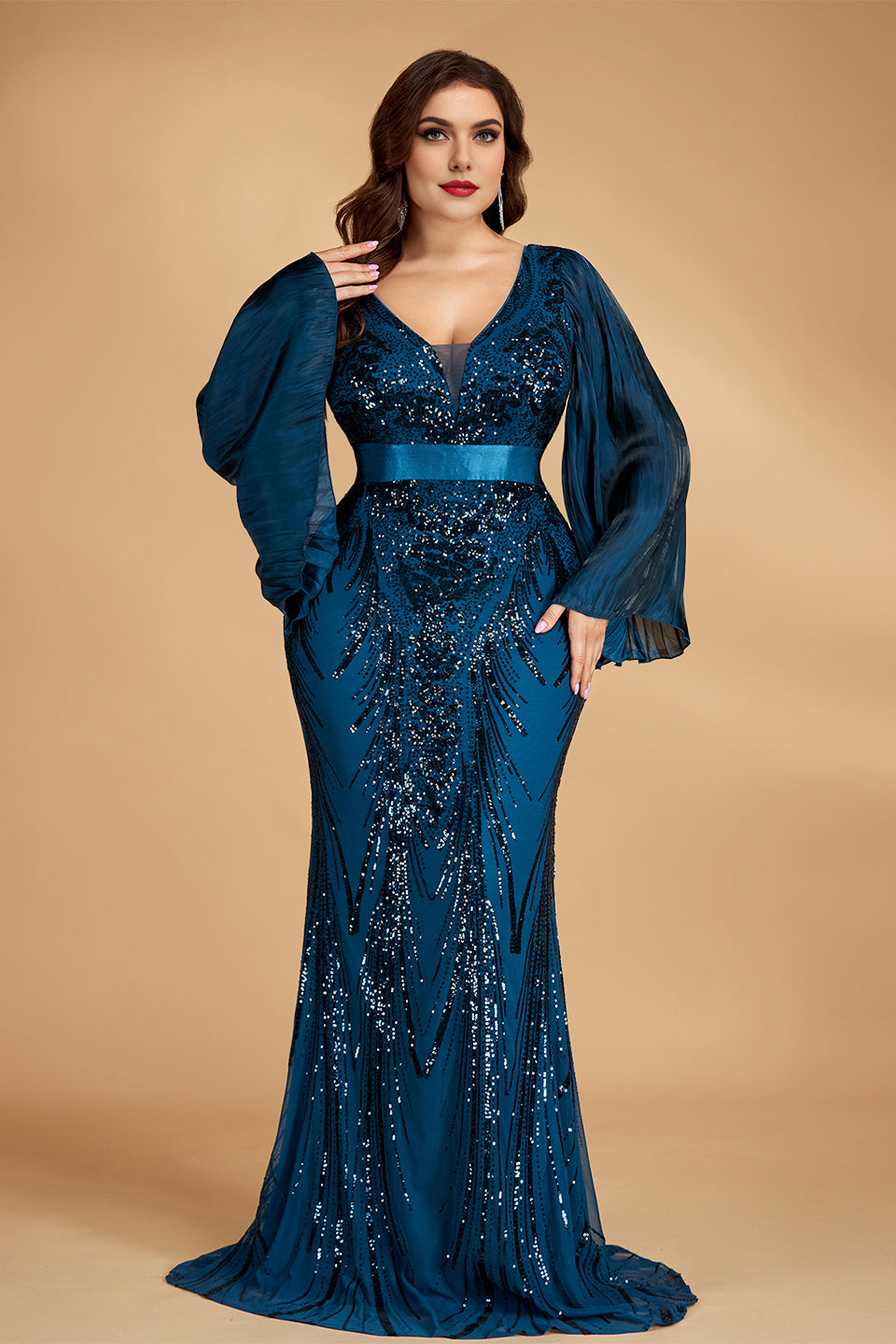 Curveins Plus Size V-Neck Flared Sleeve Shimmer Bodycon Maxi Dress