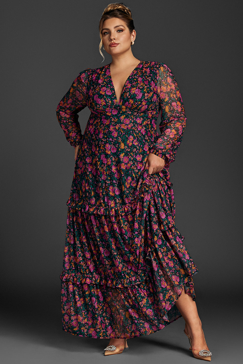 Curveins Plus Size Floral Print Lantern Sleeve Tiered Maxi Dress