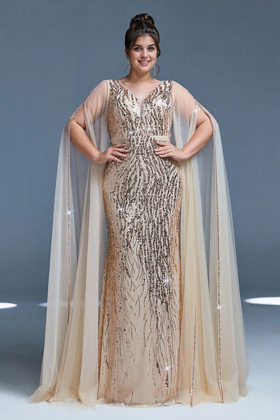 Curveins Plus Size V-Neck Sequin Maxi Dress with Cape Sleeves