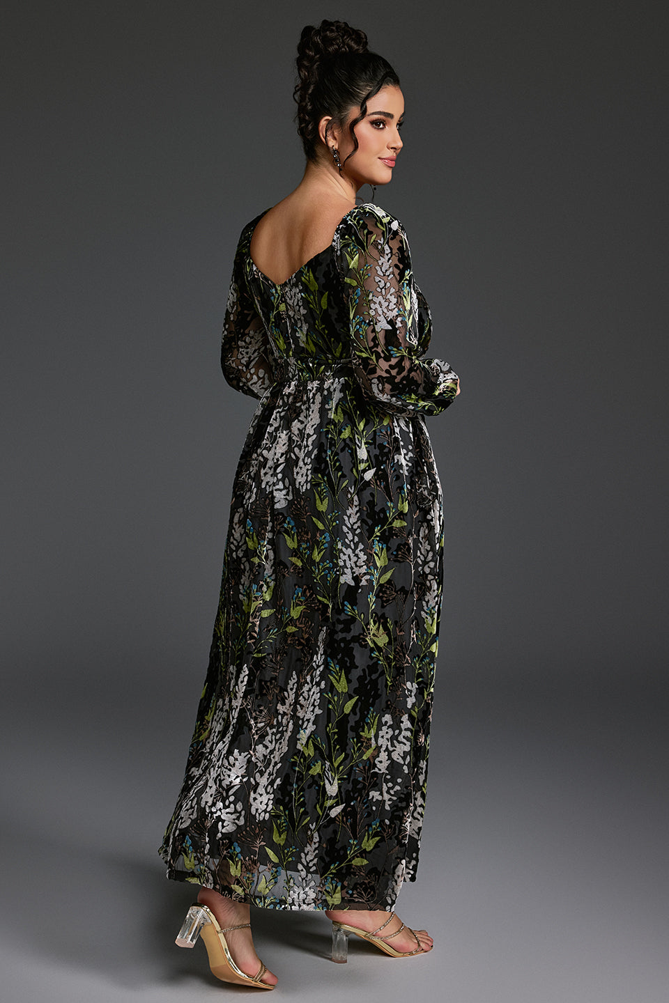 Curveins Plus Size Velvet Lantern Sleeve Plain Maxi Dress