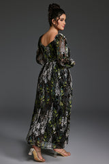 Curveins Plus Size Velvet Lantern Sleeve Plain Maxi Dress