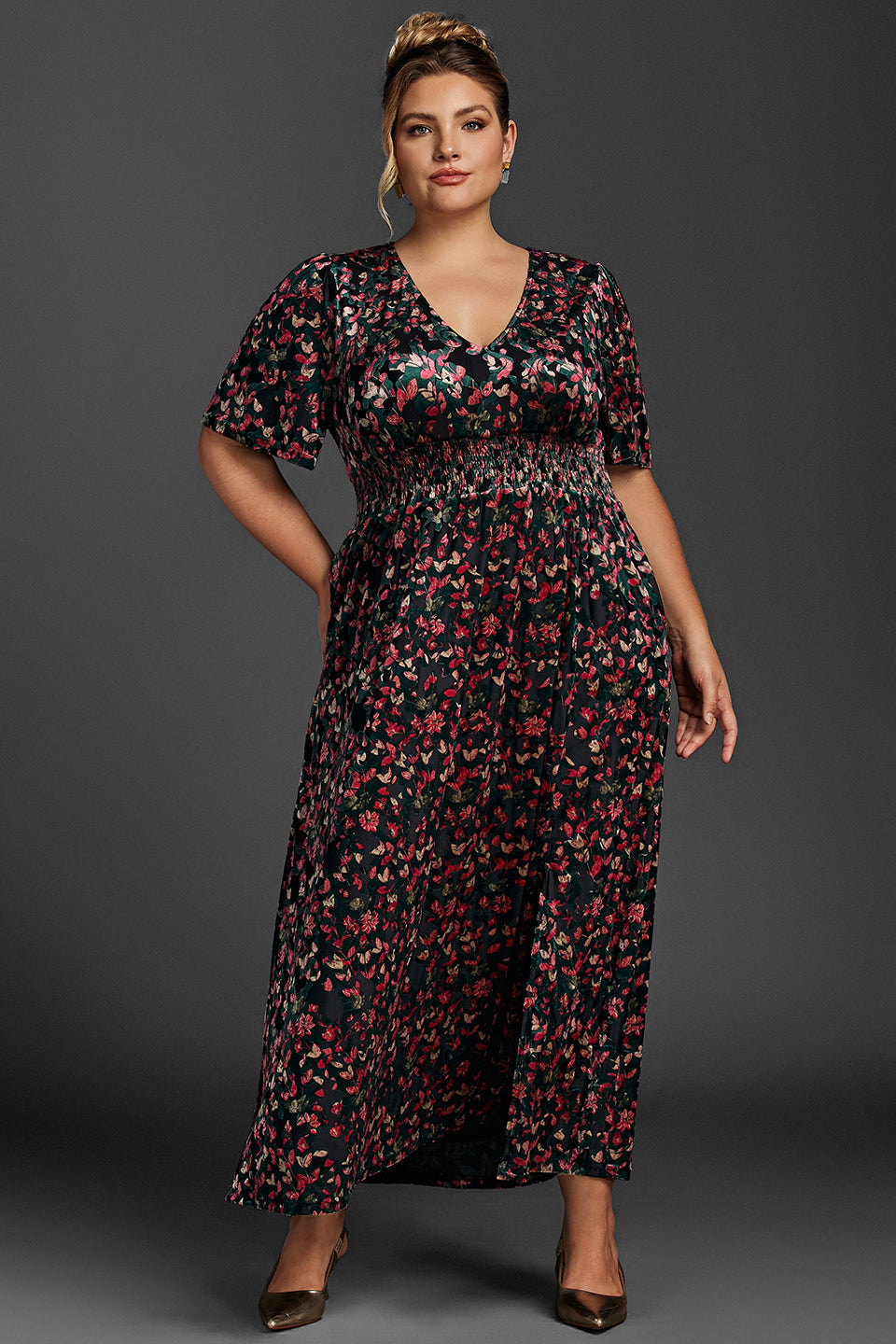 Curveins Plus Size Black Floral Velvet Maxi Dress