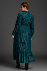 Plus Size Vintage Floral Velvet Green Maxi Dress