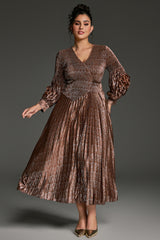 Curveins Plus Size V-Neck Long Sleeve Waist Tie Pleated Maxi Dress