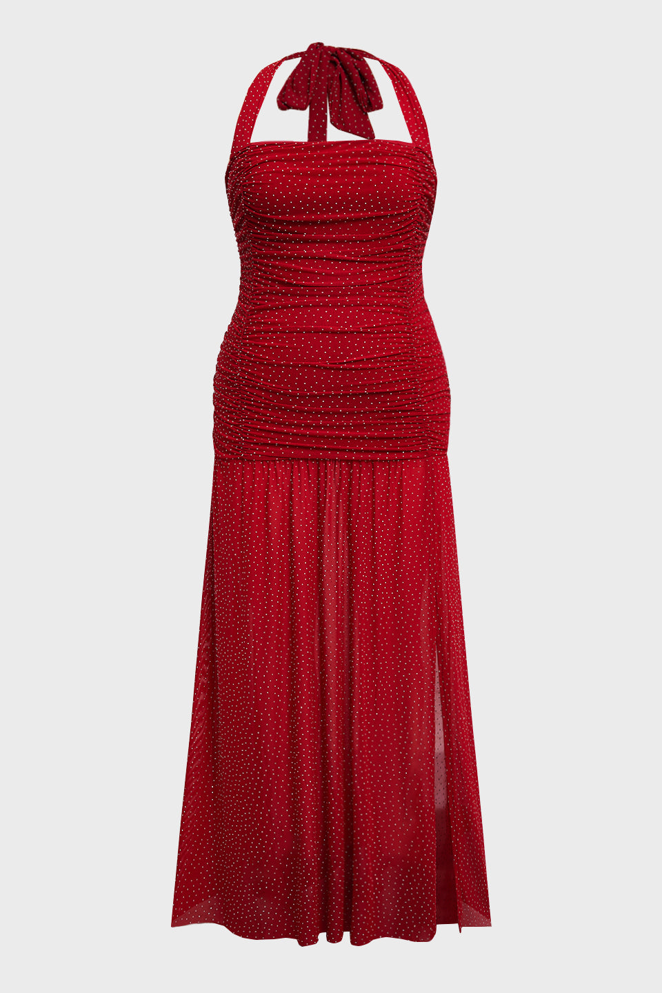 Curveins Plus Size Sleeveless Tie Detail High Slit Solid Color Rhinestone Maxi Dress