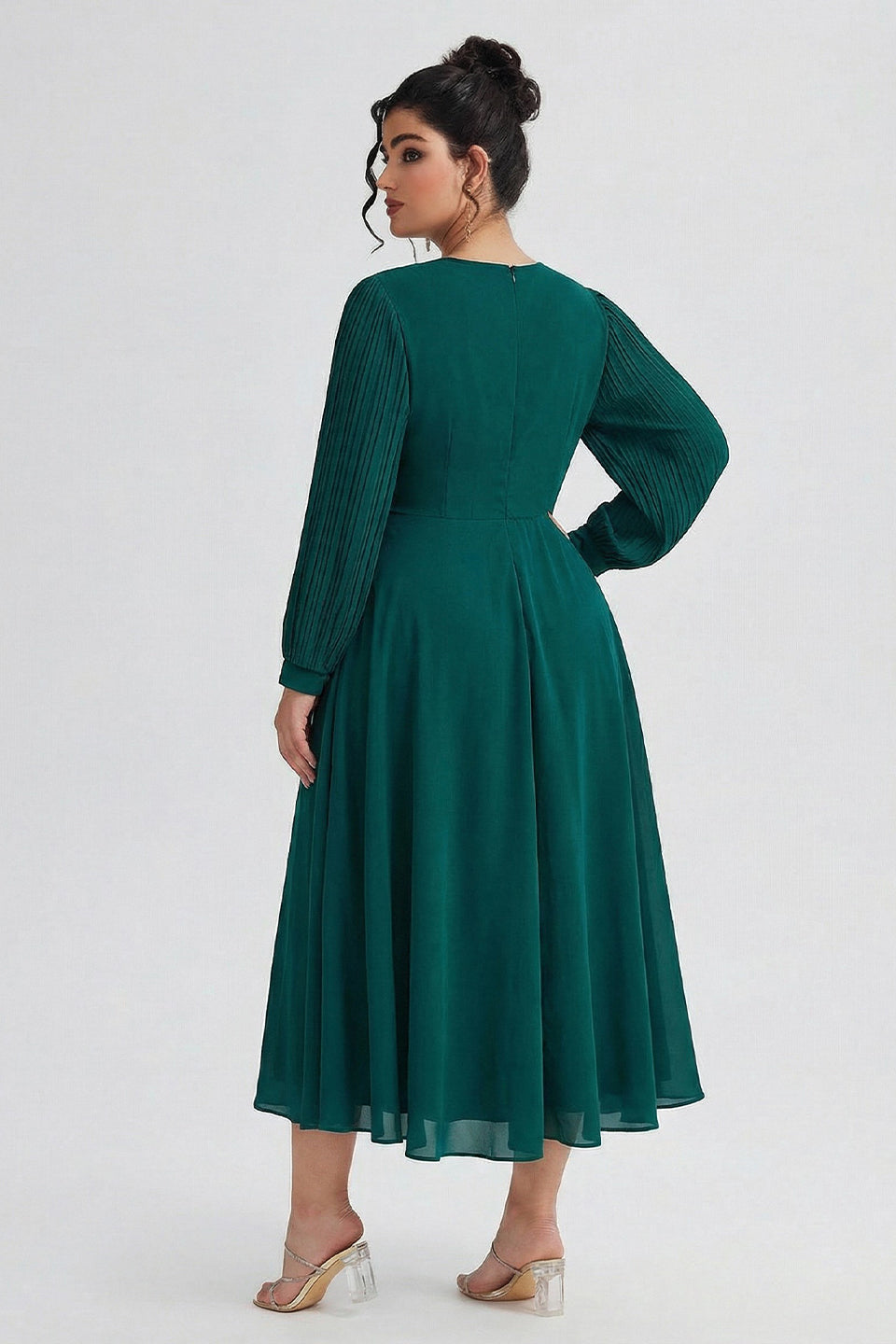 Curveins Plus Size Crew Neck Long Sleeve Pleated Midi Dress
