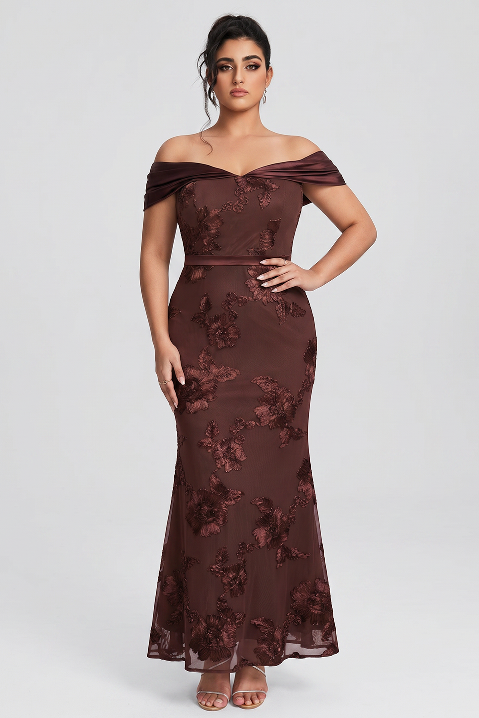 Curveins Plus Size Off Shoulder Floral Pattern Ruched Waist Bodycon Elegant Maxi Dress