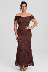 Curveins Plus Size Off Shoulder Floral Pattern Ruched Waist Bodycon Elegant Maxi Dress