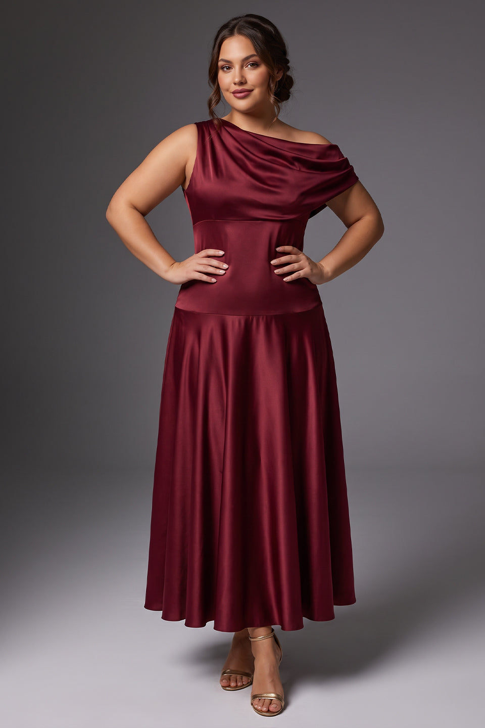 Curveins Plus Size One Shoulder Sleeveless Cinched Waist Elegant Maxi Dress