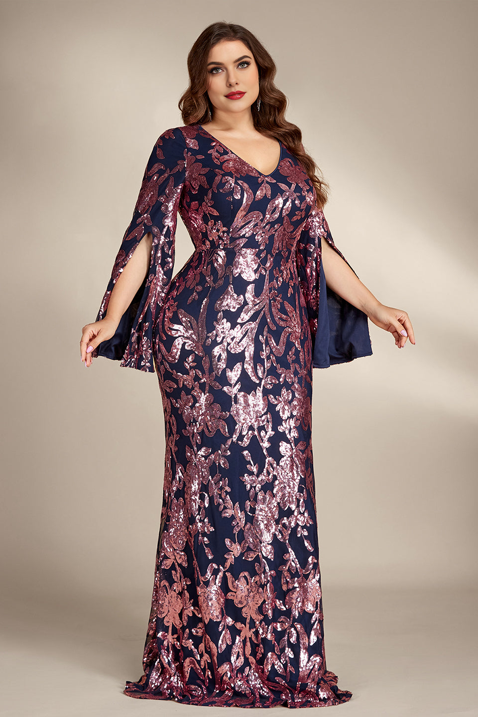 Curveins Plus Size Elegant V-Neck Sequin Bodycon Dress with Slit Sleeves