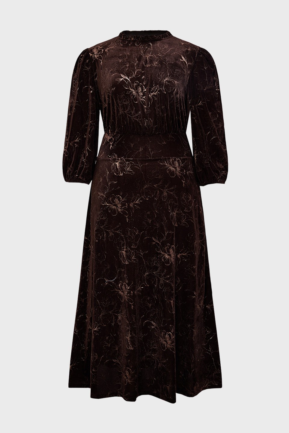 Curveins Plus Size Long Sleeve Velvet Patterned Elegant Flattering Maxi Dress