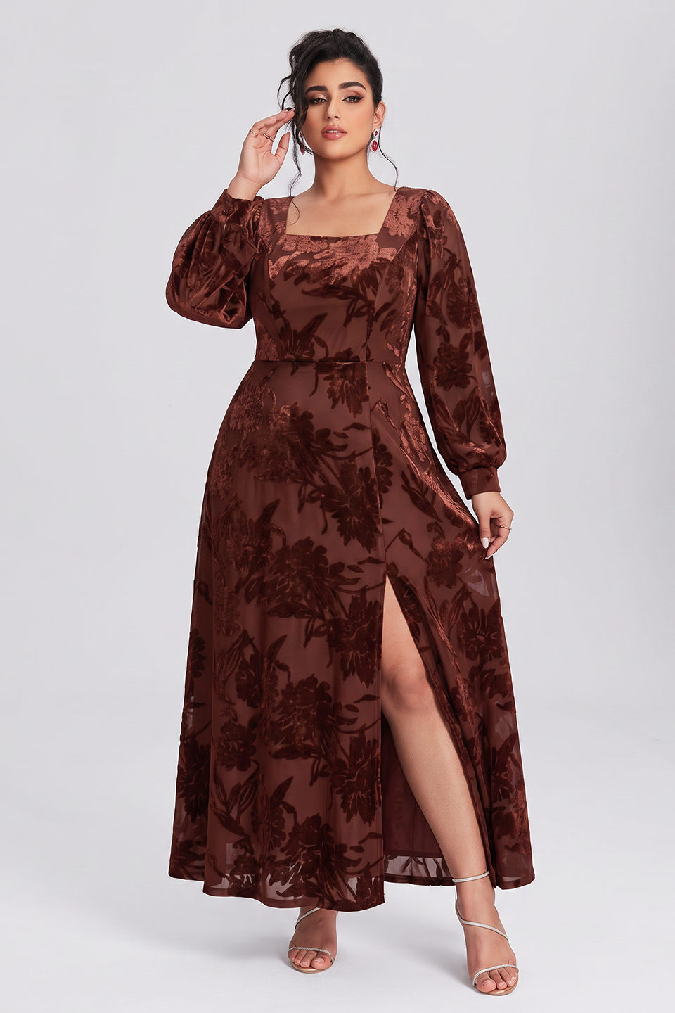Curveins Plus Size Elegant Square Neck Long Sleeve Floral Print Velvet Split Maxi Dress