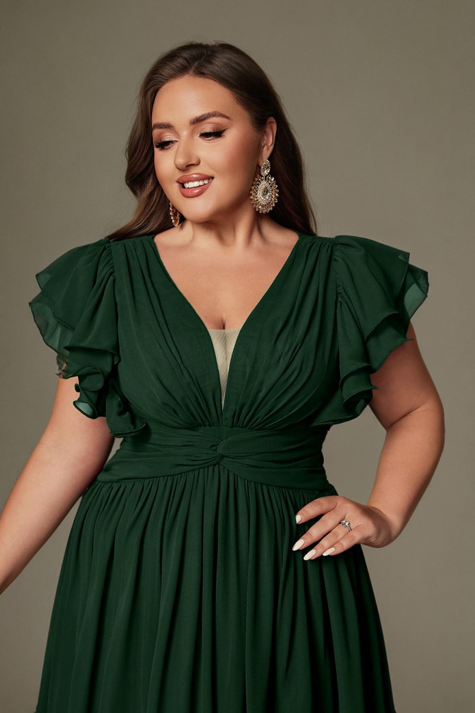 Curveins Plus Size V-Neck Ruffle Sleeve Split A-Line Maxi Dress