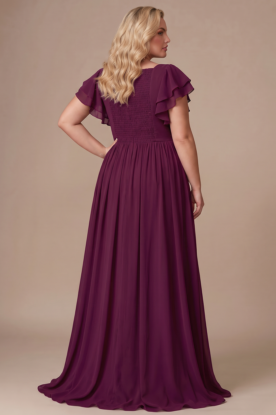 Curveins Plus Size V-Neck Ruffle Sleeve Split A-Line Maxi Dress