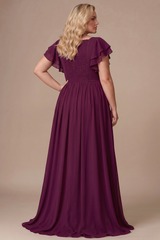 Curveins Plus Size V-Neck Ruffle Sleeve Split A-Line Maxi Dress
