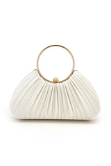 Curveins White Ruched Satin Shell-Shaped Ring Handle Evening Bag