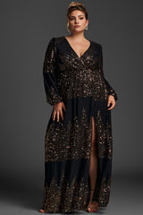 Curveins Plus Size V-Neck Sequin Split Hem Maxi Dress