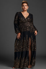 Curveins Plus Size V-Neck Sequin Split Hem Maxi Dress