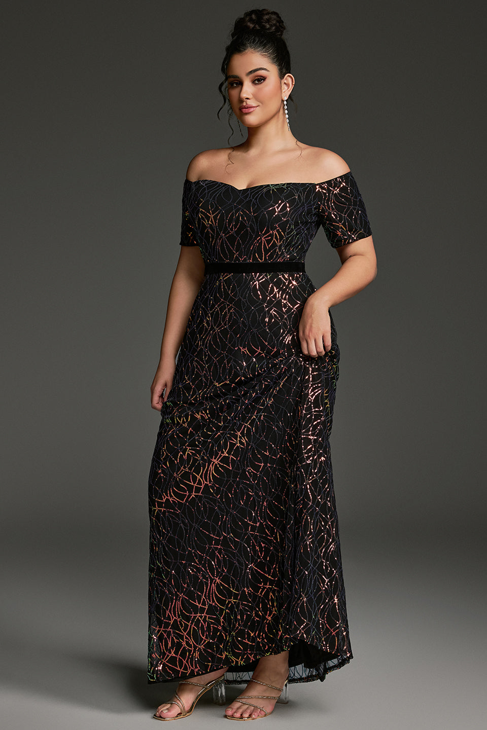 Curveins Plus Size Off-Shoulder Waist Cinched Striped Sequin Maxi Evening Dress