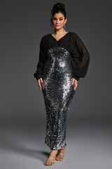 Curveins Plus Size V-Neck Puff Sleeve Patchwork Sequin Bodycon Maxi Dress