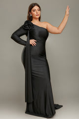 Curveins Plus Size Elegant One Shoulder 3D Floral Sash Detail High Slit Bodycon Maxi Dress