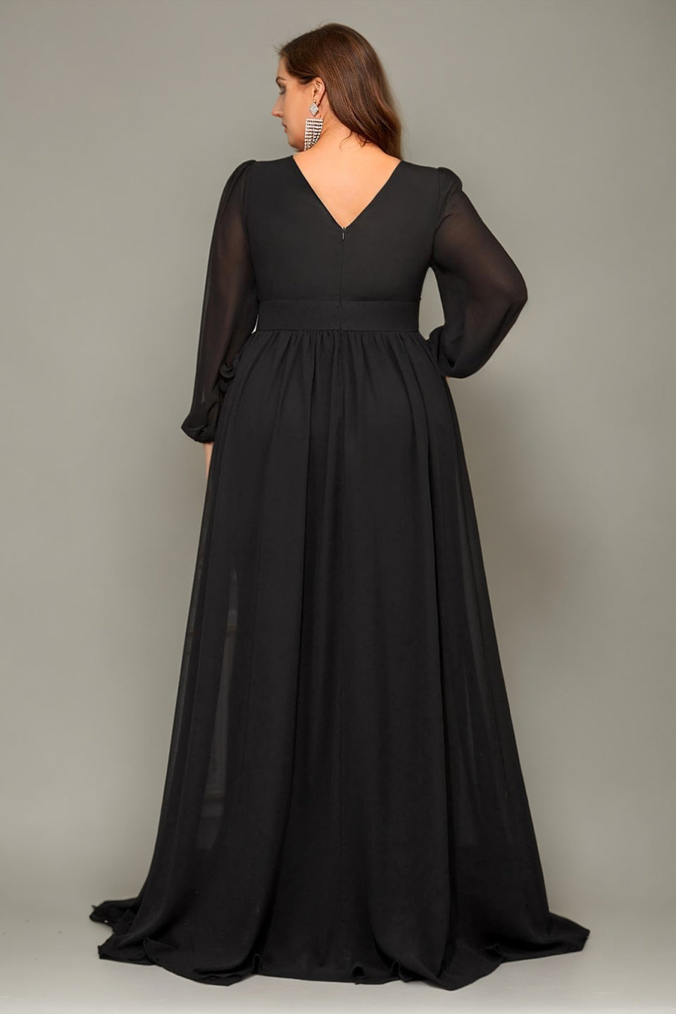 Curveins Plus Size V-Neck Chiffon Maxi Dress with Floral Lantern Sleeves