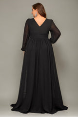 Curveins Plus Size V-Neck Chiffon Maxi Dress with Floral Lantern Sleeves