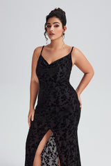 Curveins Plus Size Velvet Halter V-Neck Slit Maxi Dress