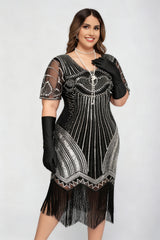 Curveins 1920s Gold Ruby Plus Size Striped Sequin Fringe Flapper Midi Dress