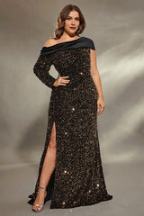 Curveins Plus Size Asymmetric Sleeve Sequin Evening Dress with High Side Slit