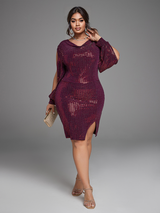 Curveins Plus Size Draped Collar Split Sleeve Sequin Dress