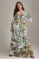 Curveins Plus Size Chiffon Floral Print Mid Sleeve Cinched Waist Maxi Dress