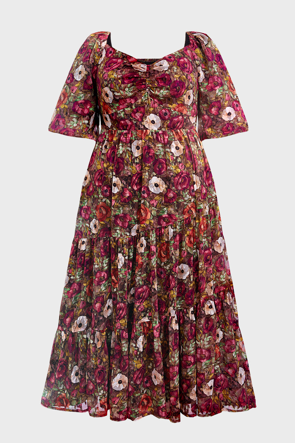 Curveins Plus Size V-Neck Flower Print Pleated Maxi Dress