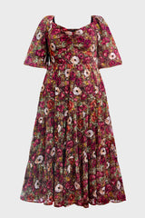 Curveins Plus Size V-Neck Flower Print Pleated Maxi Dress