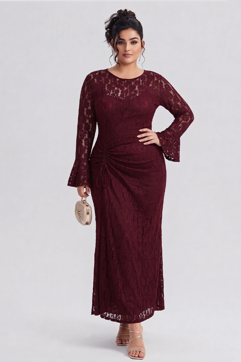 Curveins Plus Size Crew Neck Flared Long Sleeve Floral Bodycon Elegant Maxi Dress