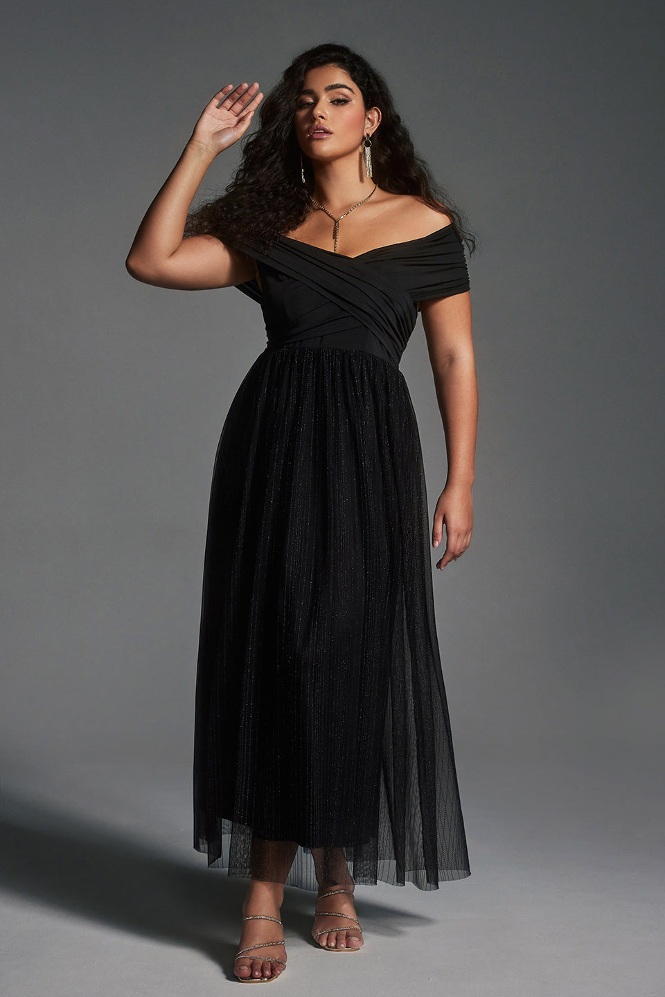 Curveins Plus Size Patchwork Mesh Off Shoulder Maxi Dress