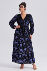 Curveins Plus Size V Neck Long Sleeve Maple Leaf Velvet Waist Tie Maxi Dress