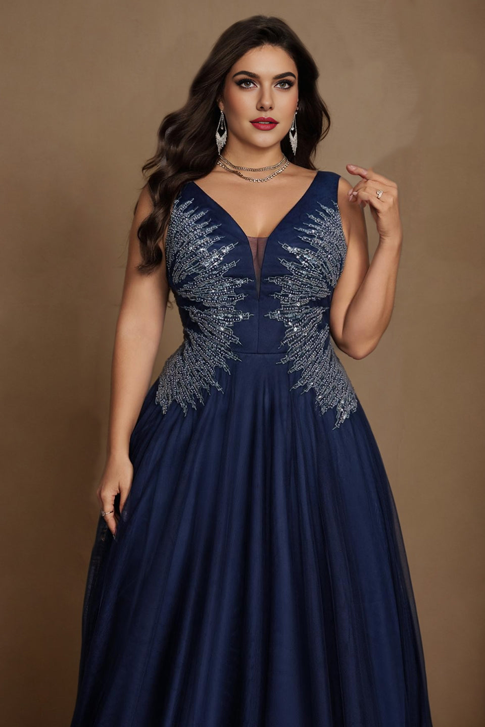 Curveins Plus Size V-Neck Sleeveless Waist-Defined Maxi Dress