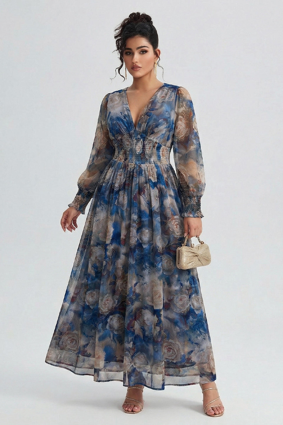 Curveins Plus Size V Neck Long Sleeve Floral Waist Maxi Dress