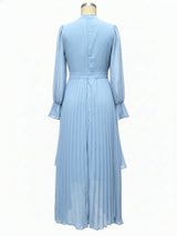 Curveins Plus Size Long Sleeve Ruffle Detail Pleated Asymmetrical Hem Midi Dress