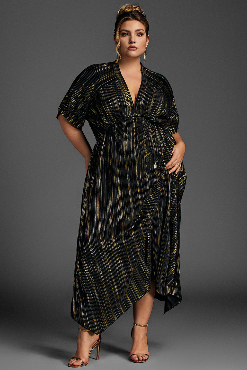 Curveins Plus Size V-Neck Striped Asymmetric Hem Dress