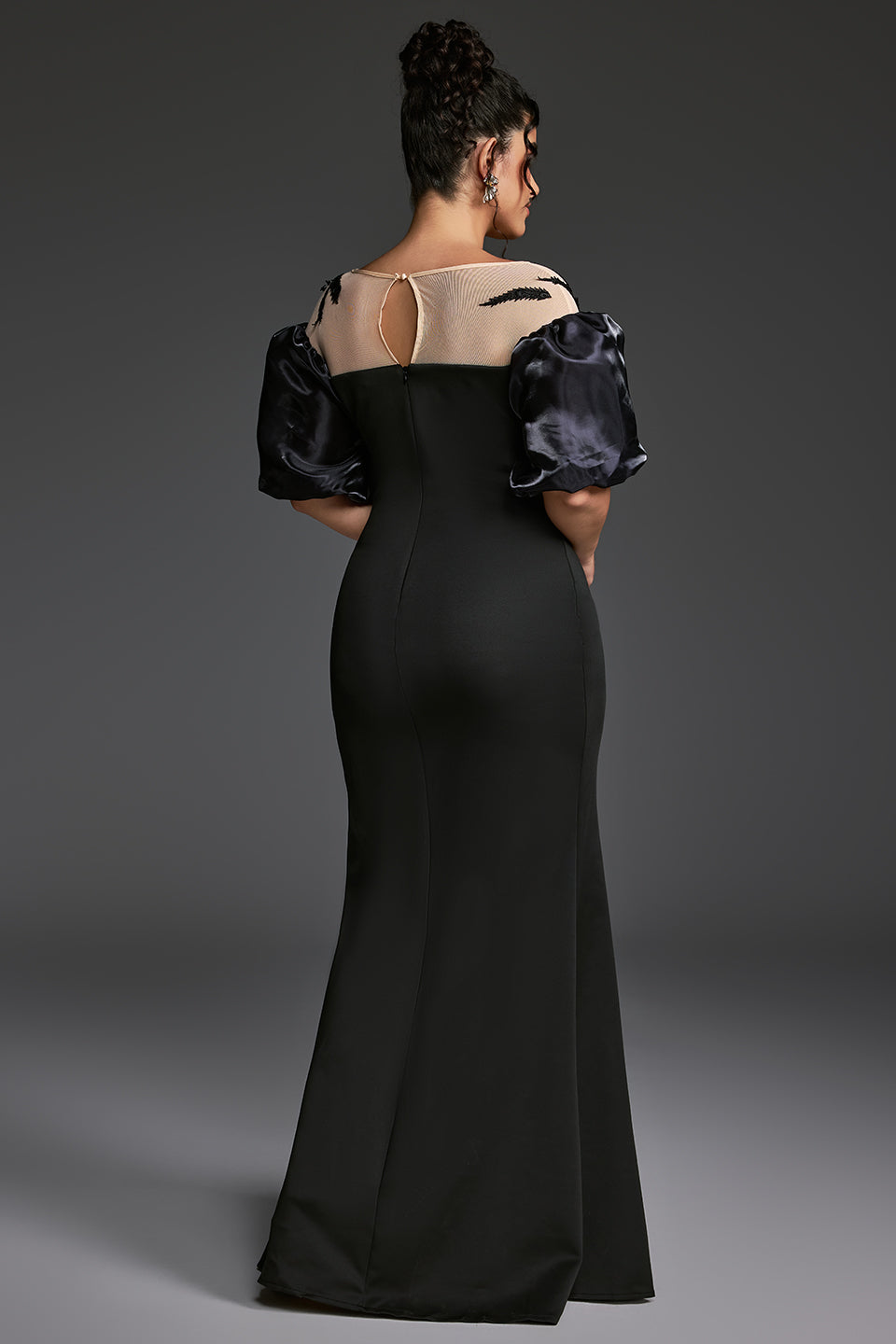 Curveins Plus Size Patchwork Round Neck Puff Sleeve Slit Bodycon Maxi Dress