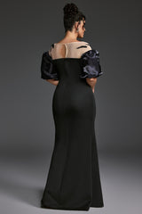 Curveins Plus Size Patchwork Round Neck Puff Sleeve Slit Bodycon Maxi Dress