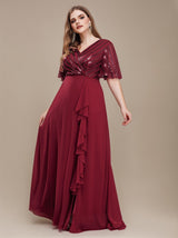 Plus Size V-Neck Batwing Sleeve Sequin Panel High Waist Elegant Maxi Dress
