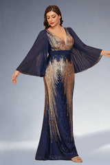 Curveins Plus Size Sparkling V-Neck Batwing Long-Sleeve Curve-Fit Maxi Dress