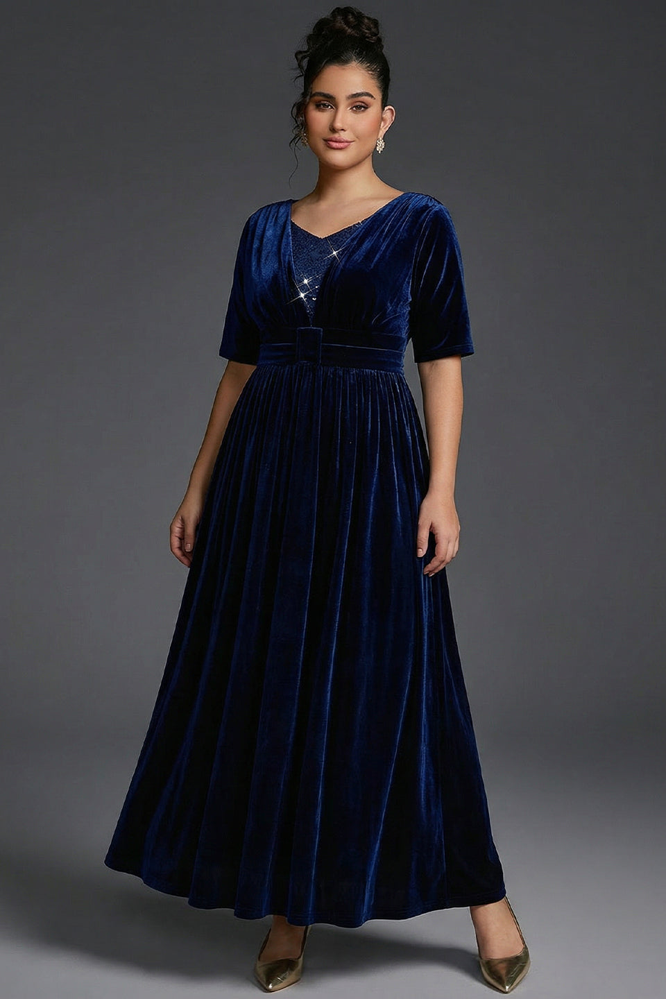 Curveins Plus Size V-Neck Sequin Bust Velvet Waist-Defined Maxi Dress