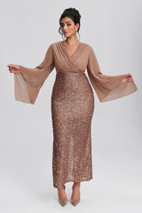 Curveins Plus Size Hem Sequin Asymmetrical Sleeve V-neck Maxi Dress