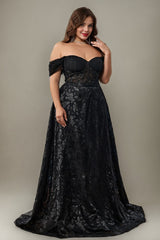 Curveins Plus Size Sparkly Floral Off Shoulder Fitted Waist Maxi Dress