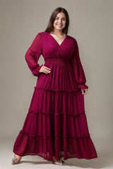 Curveins Elegant Plus Size V-Neck Lantern Sleeve Tiered Maxi Dress